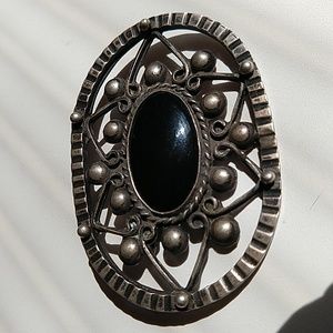 Vintage mexico sterling silver 925 black onyx brooch pin ornate